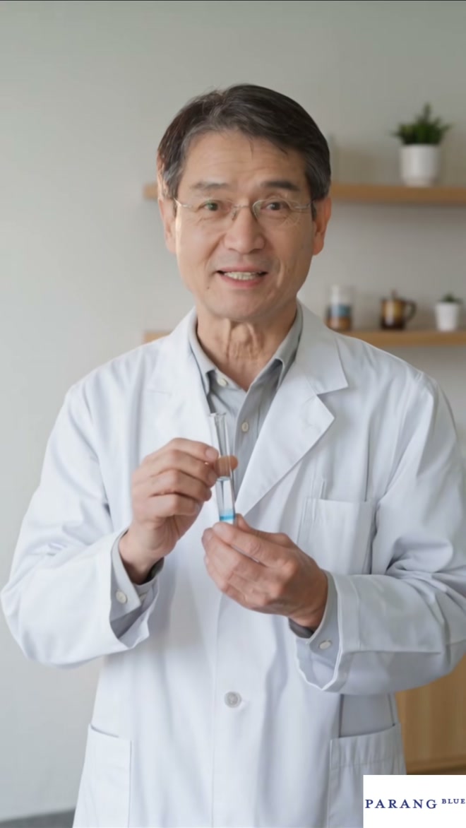 The founder in the laboratory, holding a sample vial